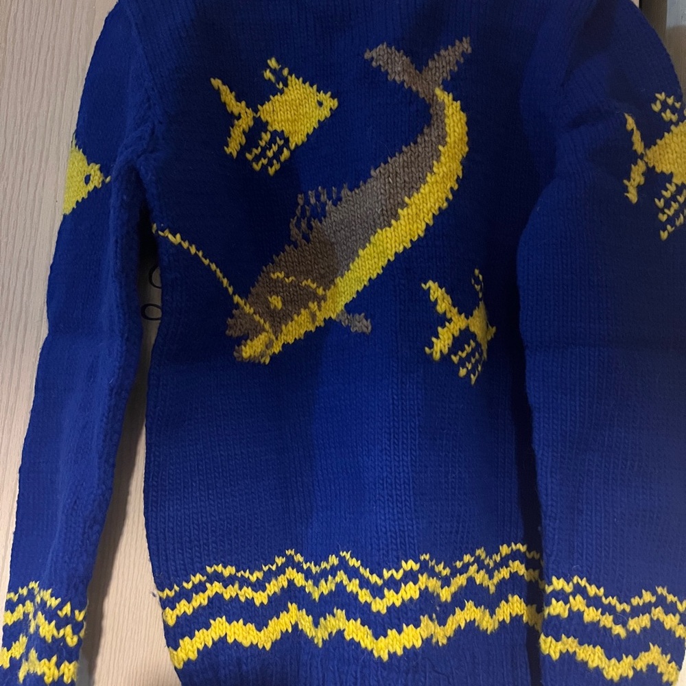 Blue Sweater with Fish Mary maxim Cowichan Design vintage style handmade knit